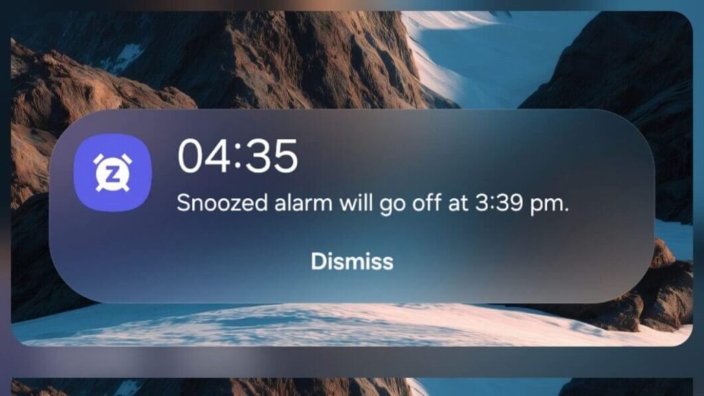 One UI 8.5 traz alarme na Now Bar e Math Solver para Galaxy 4 Simulação da Now Bar exibindo um widget de alarme na One UI 8.5