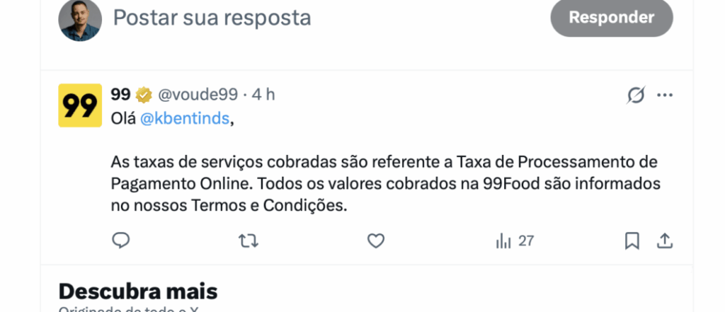 Print da resposta oficial da 99 explicando a taxa de serviço