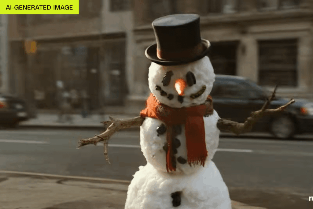 Cena gerada por IA no Runway Gen-4.5 mostrando um boneco de neve derretendo em uma rua urbana
