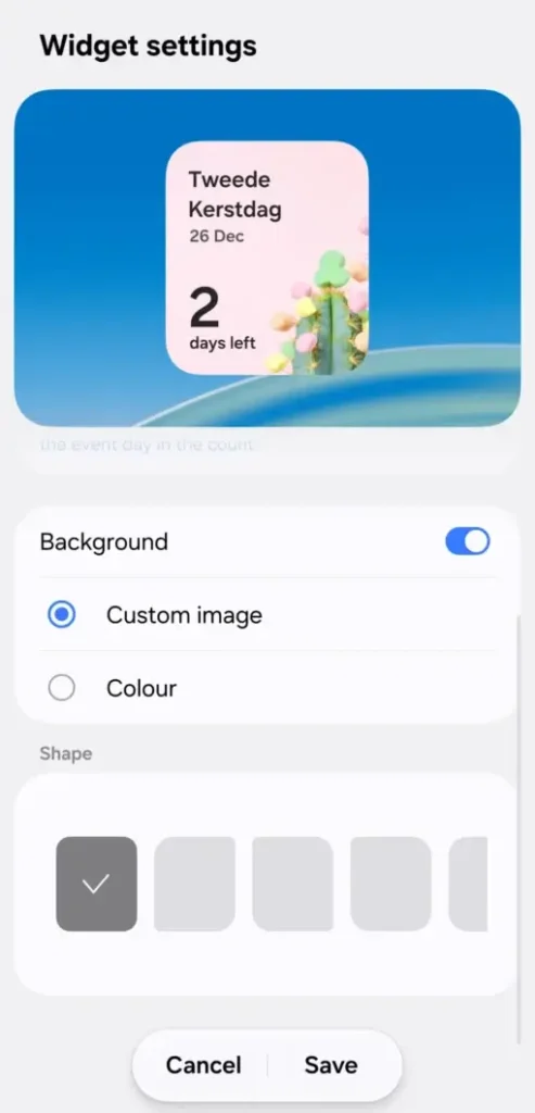 Interface de personalização de widget do Calendário Samsung com IA de imagem