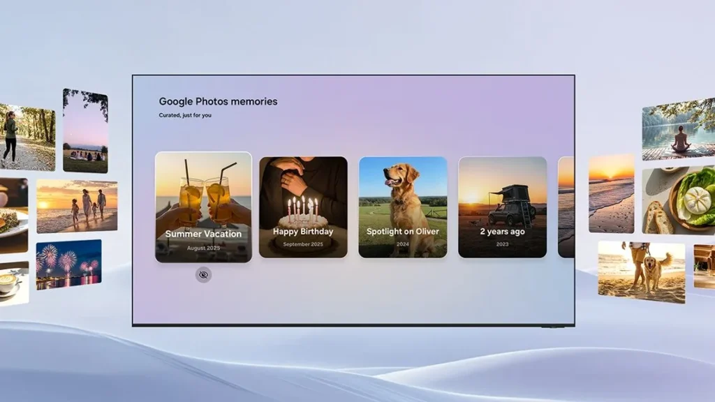Google Fotos ganha integração exclusiva nas Smart TVs Samsung 1 Aplicativo Google Fotos em uma TV Samsung mostrando álbuns e memórias.