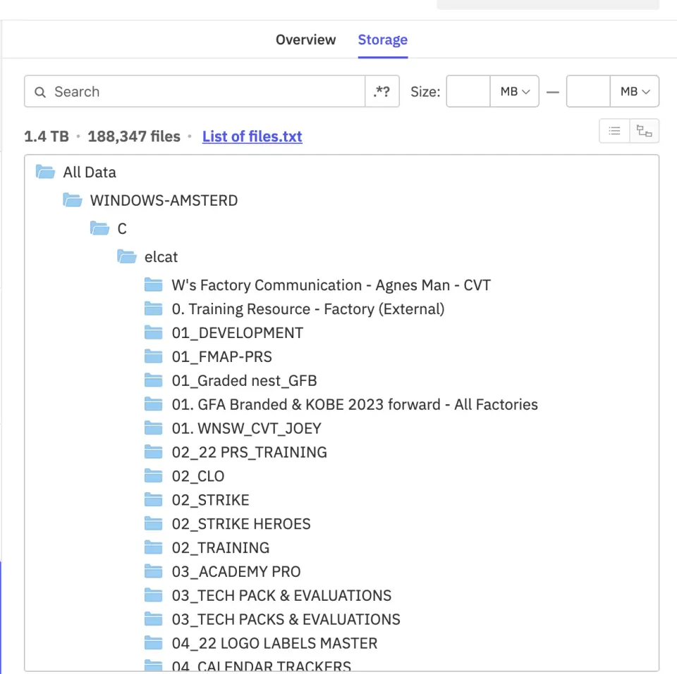 Captura de tela mostra diretório de arquivos internos da Nike com nomes de pastas de produtos