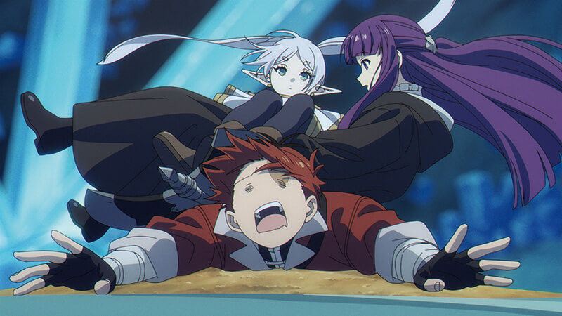 Cena de Frieren Beyond Journey’s End 2ª temporada episódio 1 mostrando os protagonistas em uma caverna mágica