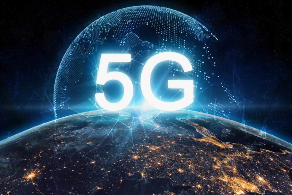 Ilustração 5G com cores azul e roxa, representando a conectividade móvel.