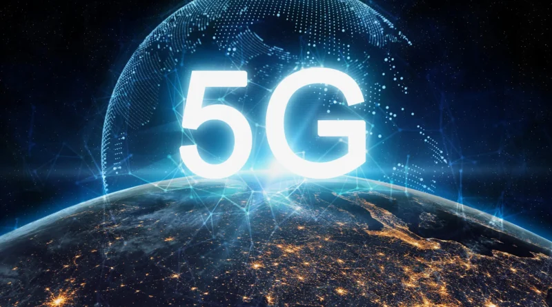Ilustração 5G com cores azul e roxa, representando a conectividade móvel.