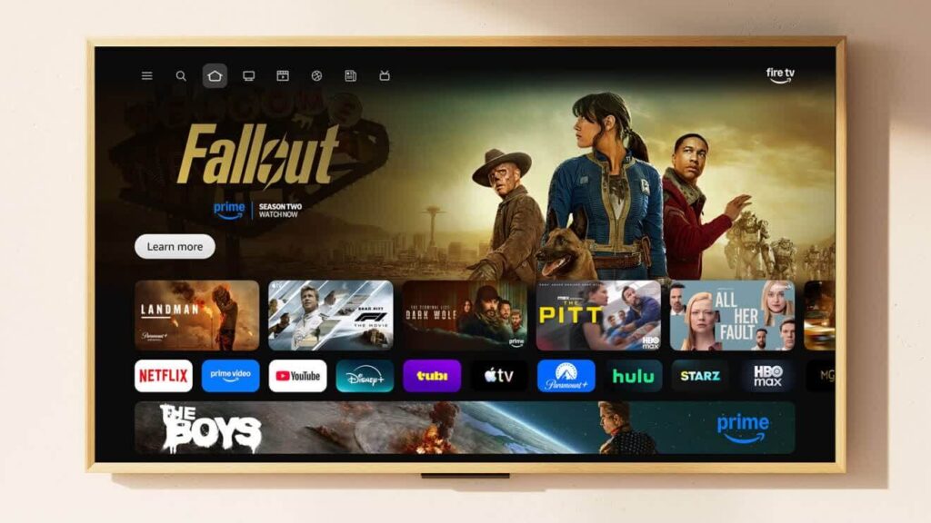 Nova linguagem visual do Fire TV com menus arredondados e design moderno