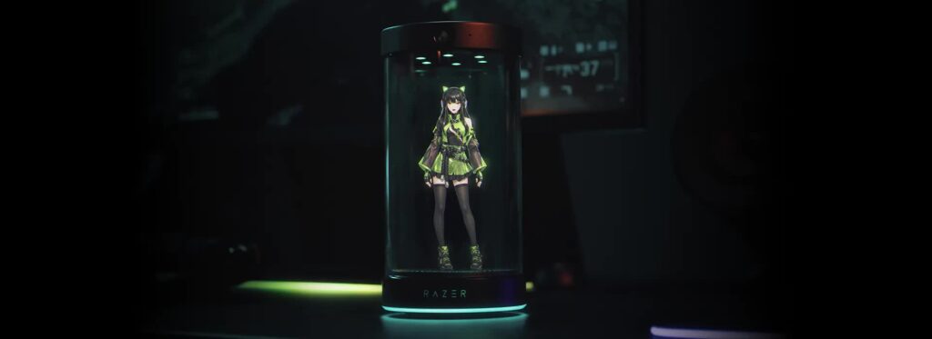 Razer holograma AI waifu coach gamer no desktop