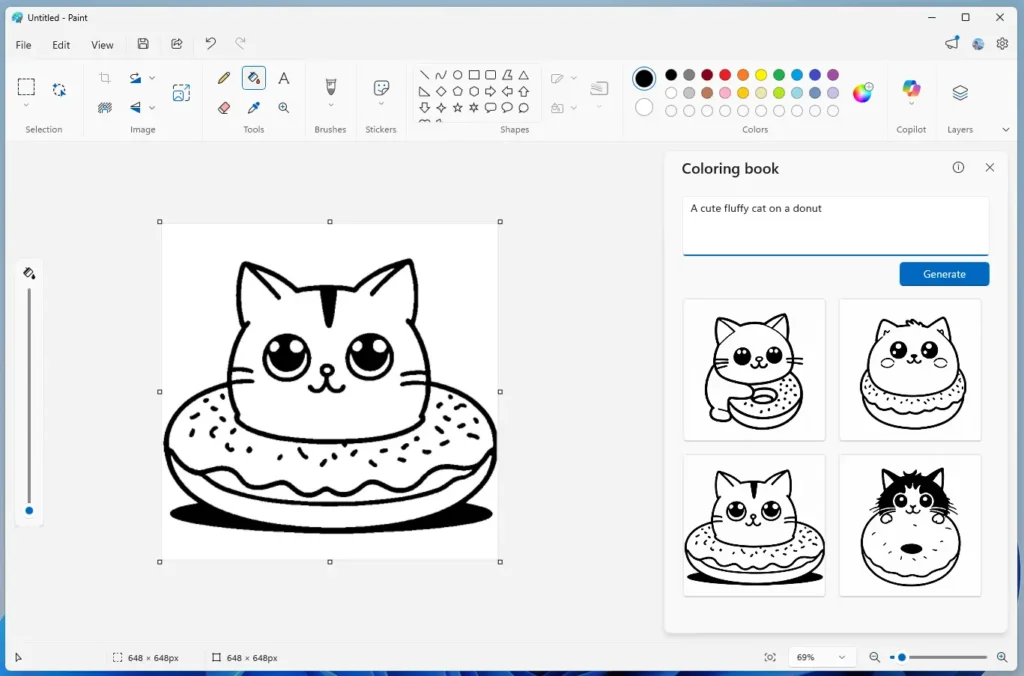 Captura de tela mostra o recurso de criação de livros de colorir no Paint do Windows 11