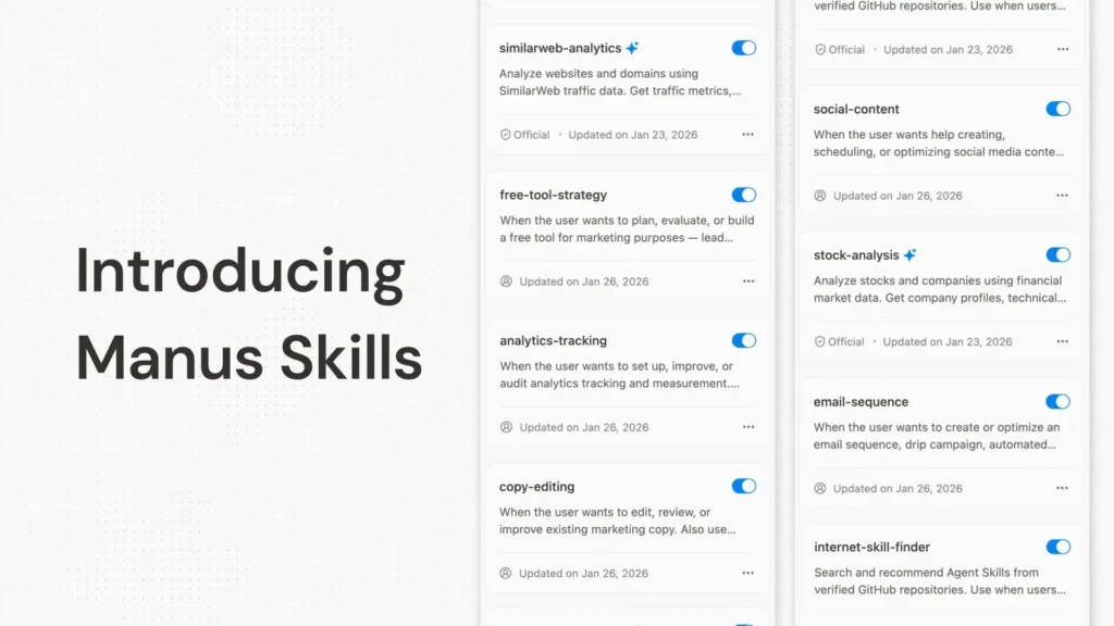 Manus AI lança padrão aberto Agent Skills para fluxos de trabalho com IA 1 Interface do Manus AI com Agent Skills integrados – padrão aberto para fluxos de trabalho com IA modular.