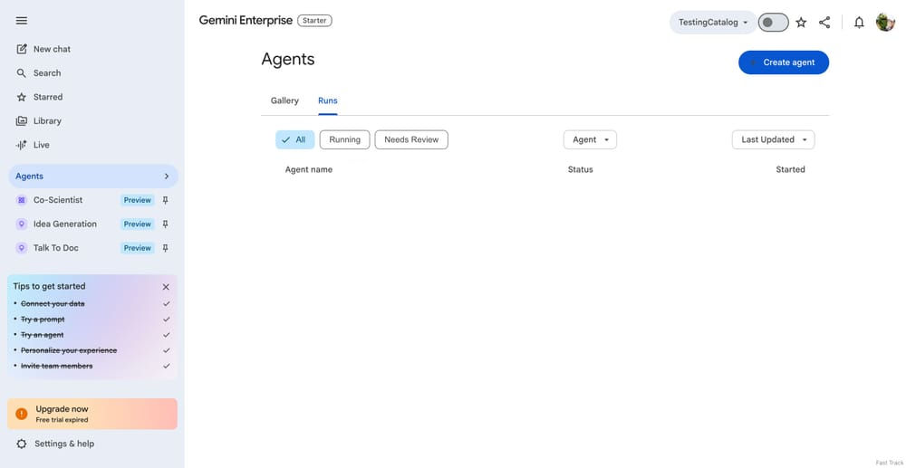 Ambiente do Agent Builder do Gemini for Business