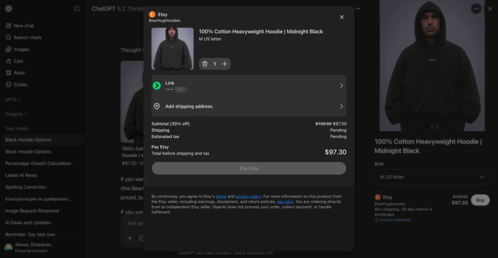 Demonstração visual do ChatGPT como assistente de compras integrando produtos e pagamentos.