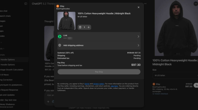 Demonstração visual do ChatGPT como assistente de compras integrando produtos e pagamentos.