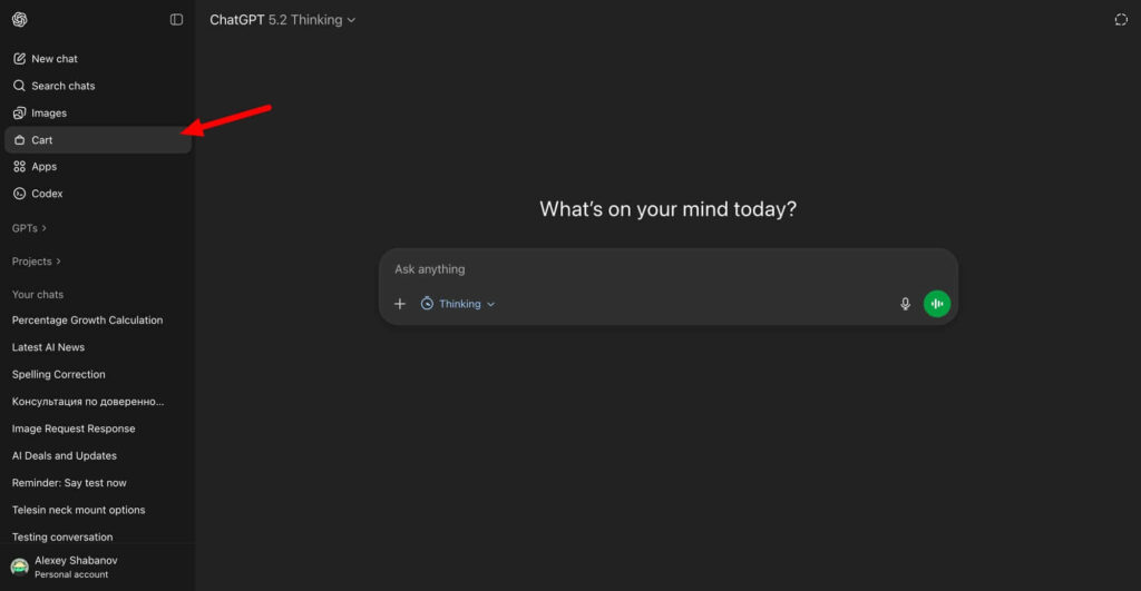 Interface do ChatGPT com novas funções de carrinho de compras e ferramentas para lojistas.