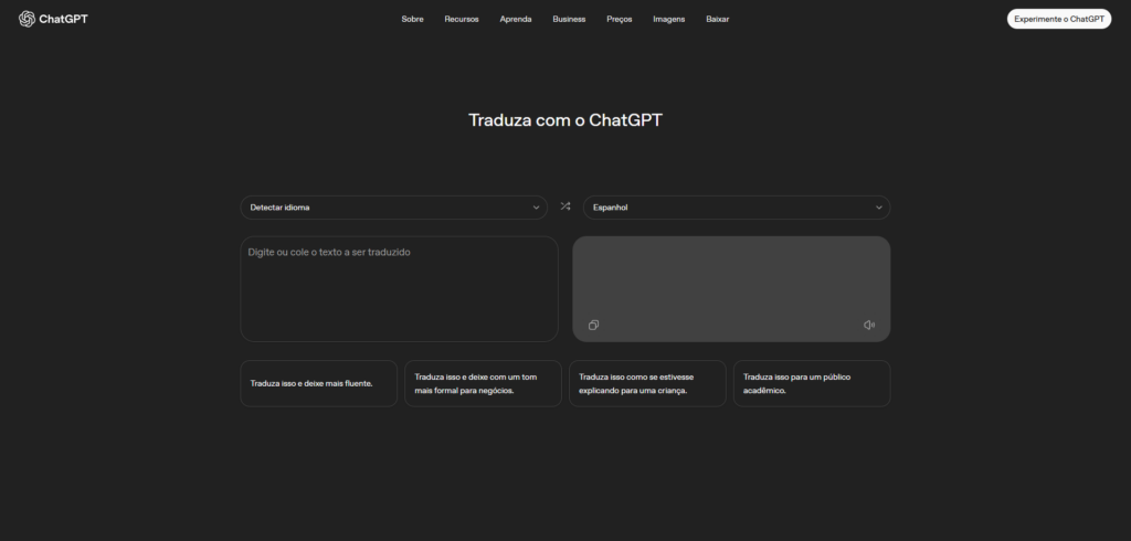 ChatGPT Translate desafia o Google Tradutor com IA e 50 idiomas 1 Interface do ChatGPT Translate aberta no navegador Google Chrome