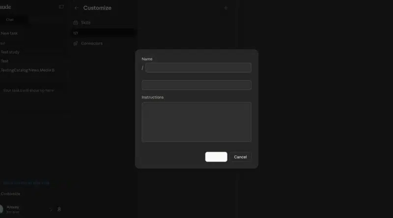 Interface do novo recurso Customize no Claude Code mostrando as opções Skills, Connectors e Commands
