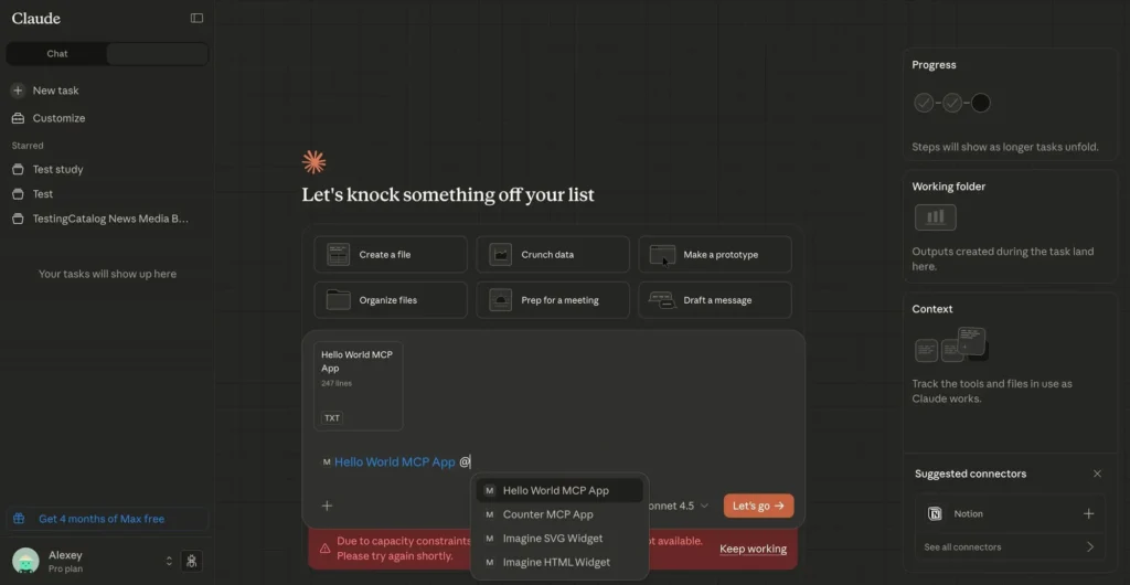 Anthropic testa Apps MCP com interface interativa no Claude 2 Interface do Claude Cowork mostrando testes de MCP Apps com suporte a widgets e menções @
