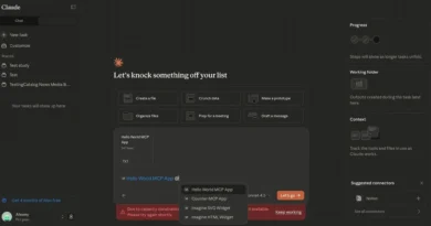 Interface do Claude Cowork mostrando testes de MCP Apps com suporte a widgets e menções @