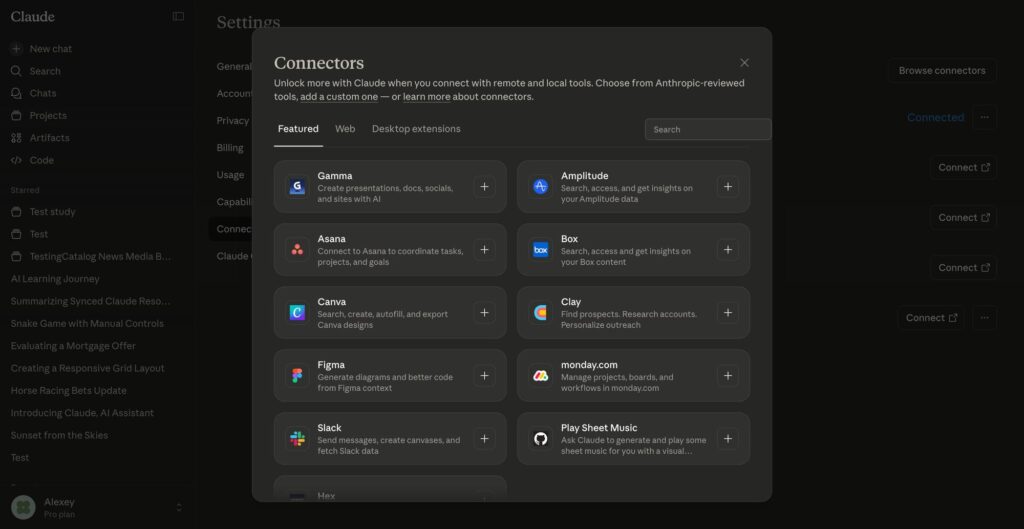 Interface do Claude com integração MCP e ferramentas como Slack e Figma