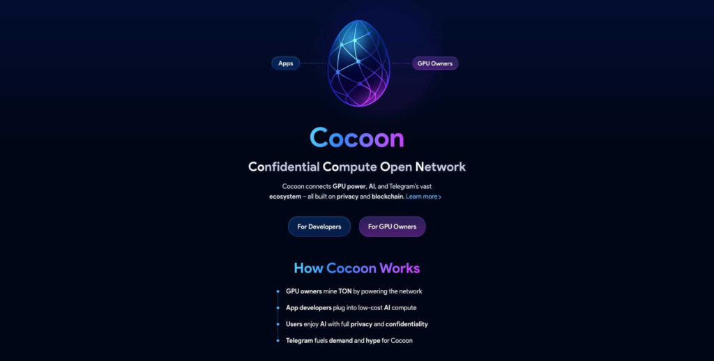 Telegram lança resumos de IA com rede Cocoon 3 Diagrama ilustrando o funcionamento da rede descentralizada Cocoon para IA do Telegram