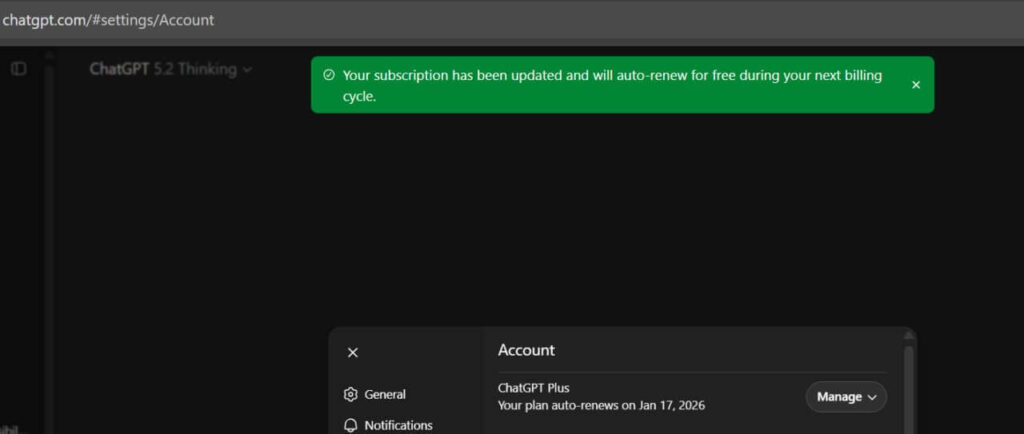 OpenAI oferece ChatGPT Plus gratuito a usuários em 2026 4 Tela de assinatura do ChatGPT Plus mostrando valor gratuito