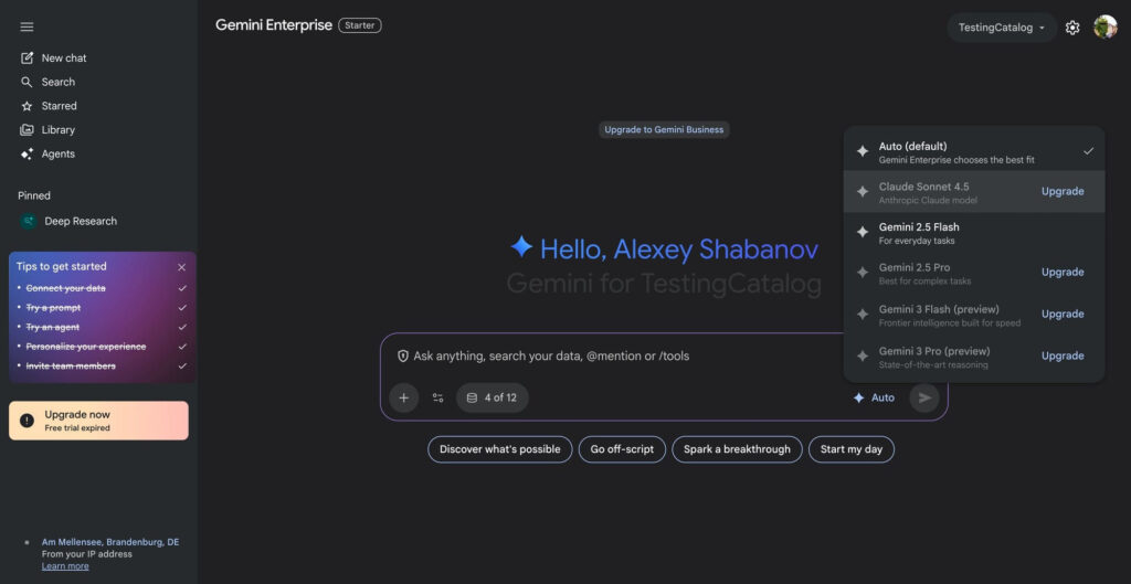 Interface do Gemini for Business mostrando o novo seletor de modelos Claude Sonnet 4.5