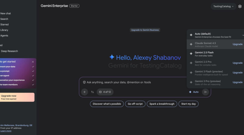 Interface do Gemini for Business mostrando o novo seletor de modelos Claude Sonnet 4.5