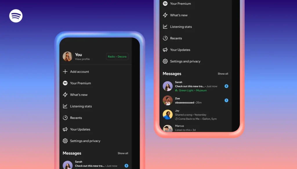 Interface do Spotify mostrando atividade de escuta e reações de emoji