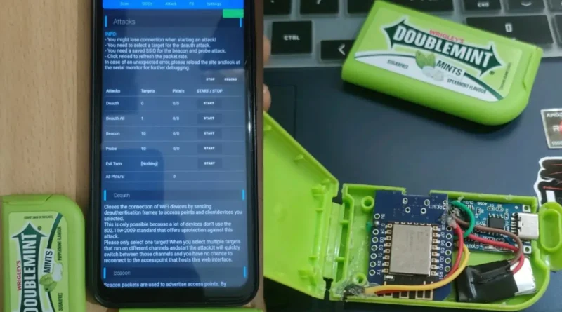 Dispositivo de pen testing Wi‑Fi criado em uma caixa de mentos.