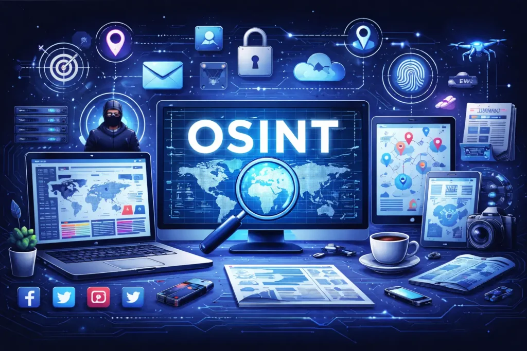 O que é OSINT: Representação conceitual de OSINT e privacidade digital, imagem com esquema cibernético e cadeado simbolizando segurança online