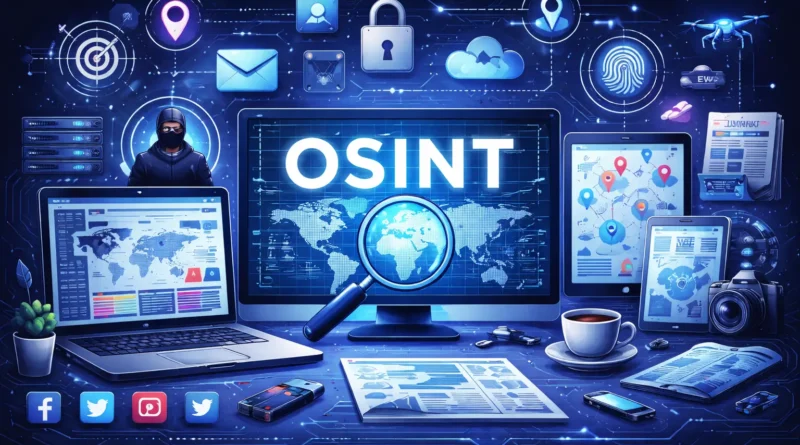 O que é OSINT: Representação conceitual de OSINT e privacidade digital, imagem com esquema cibernético e cadeado simbolizando segurança online