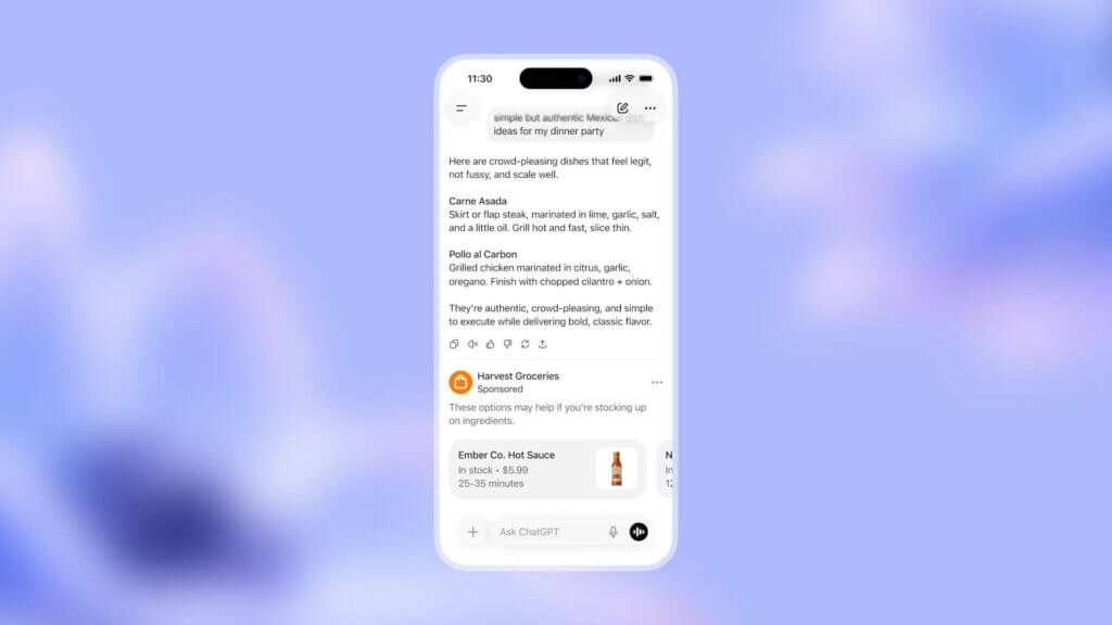 Mockup de anúncio dentro do ChatGPT.