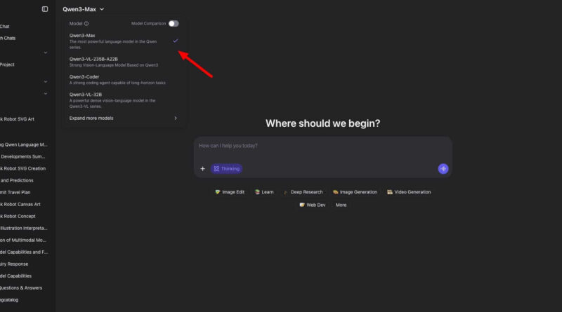 Interface do Qwen3-Max-Thinking mostrando o modo de raciocínio profundo aplicado a problemas de código e matemática.