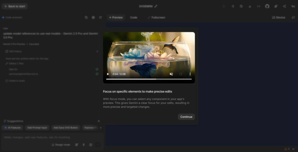 Google AI Studio lança Modo Design com edição direta de interface 2 Interface do novo Modo Design do Google AI Studio com ferramentas de edição