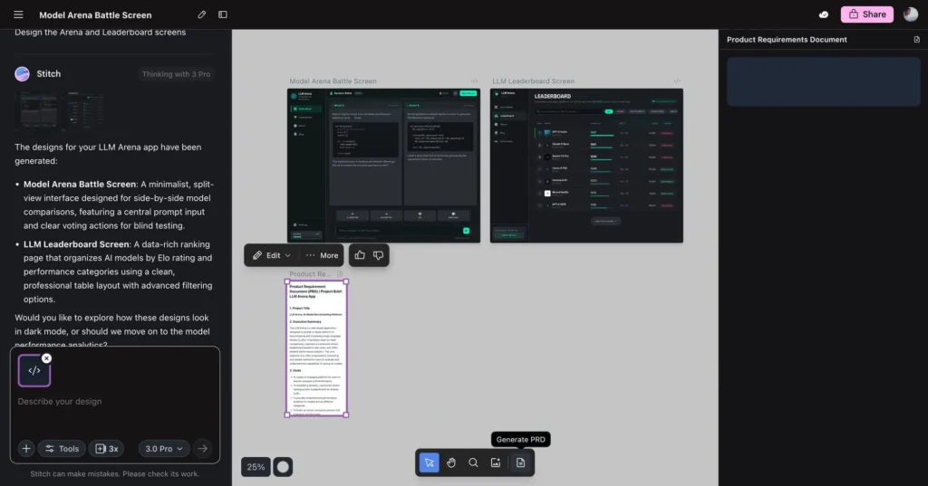 Interface do Google Stitch com projeto em desenvolvimento