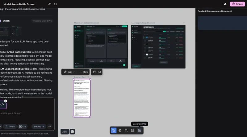 Interface do Google Stitch com projeto em desenvolvimento