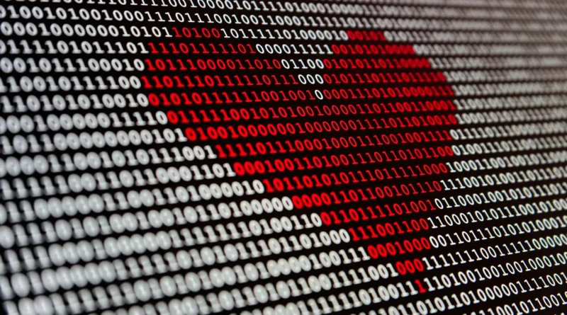 Imagem com código binário formando um coração vermelho, representando o vazamento de dados de apps de namoro.