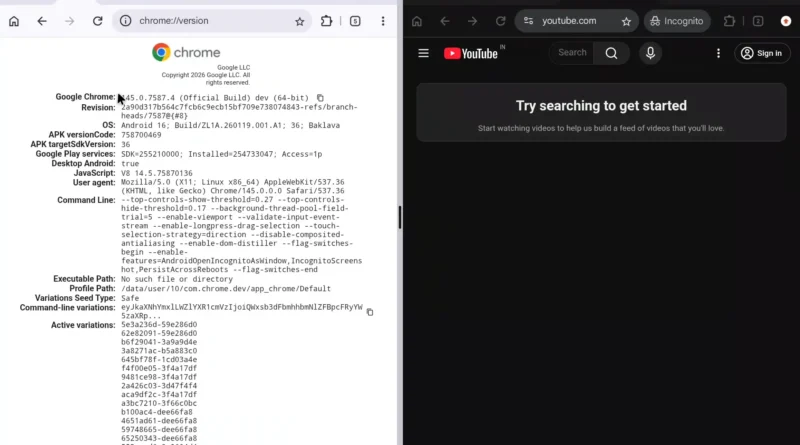 Interface do Android para PC mostrando duas janelas de navegador lado a lado