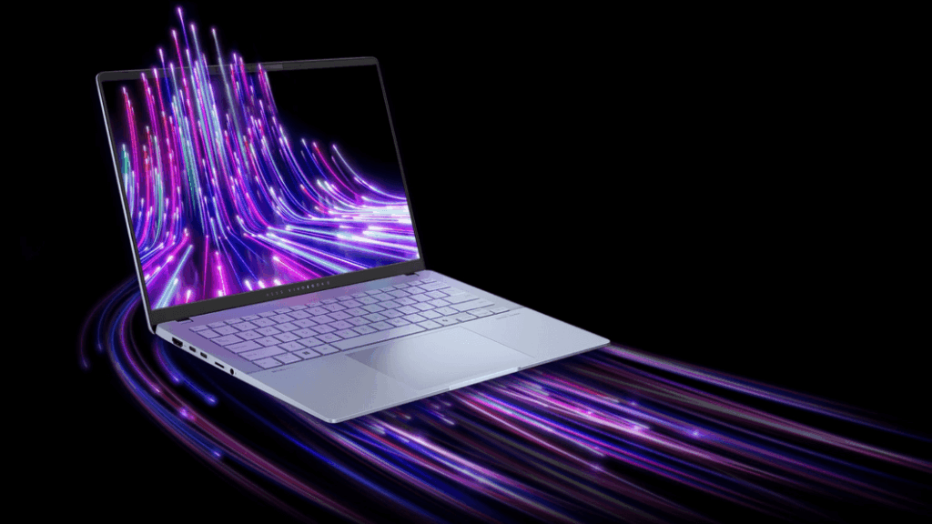 Asus Vivobook S14 visto de perfil mostrando estrutura fina e resistente
