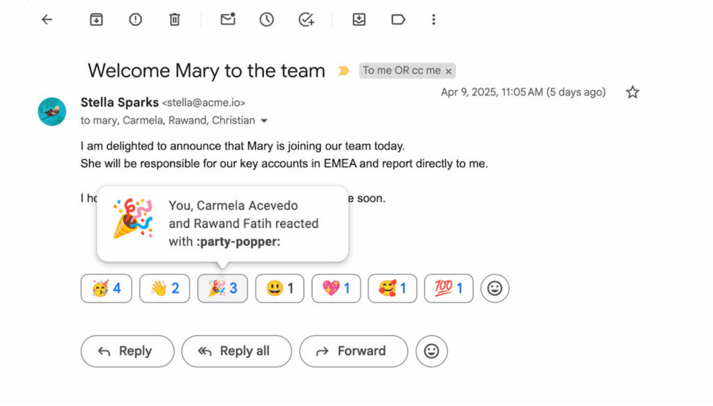 Gmail ativa reações com emojis no Workspace por padrão 3 Demonstração de várias reações com emojis em uma mensagem do Gmail