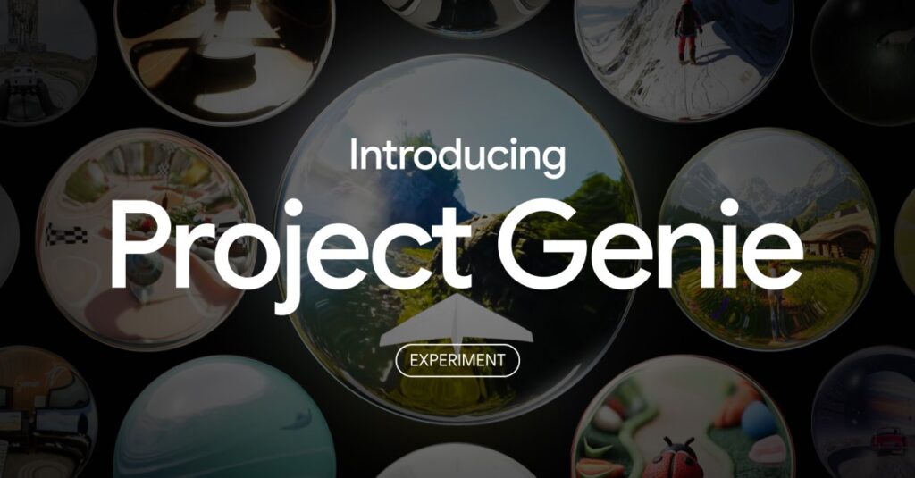 Ilustração promovendo o Project Genie com mundos digitais imersivos