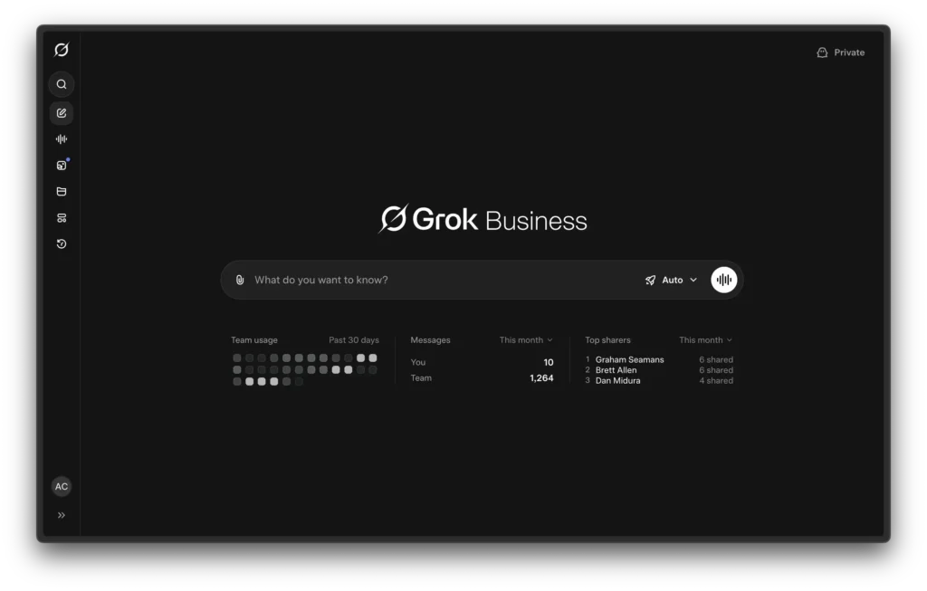 Interface do Grok Business mostrando painel administrativo da xAI em contexto corporativo com chatbot inteligente e integração Google Drive