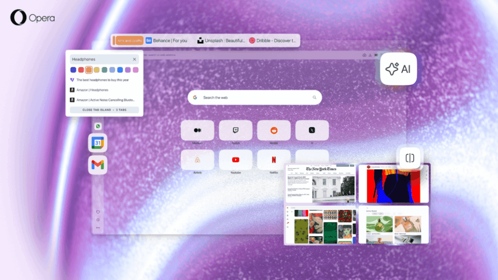 Opera One R3: nova IA entende vídeos do YouTube 4 Interface do Opera One R3 com modo de tela dividida e IA contextual
