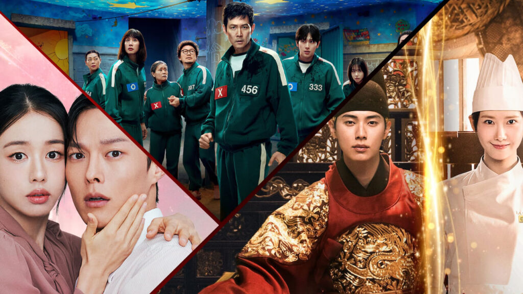 Imagem promocional com Squid Game, Dynamite Kiss e Bon Appétit, Your Majesty, os K-dramas de maior sucesso em 2025