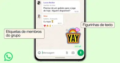 Screenshot demonstrando o uso de etiquetas e figurinhas criadas por texto no WhatsApp.