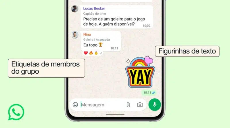 Screenshot demonstrando o uso de etiquetas e figurinhas criadas por texto no WhatsApp.