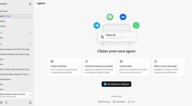 Interface do Manus AI mostrando agente 24/7 no Telegram com memória persistente e integração com mensageiros