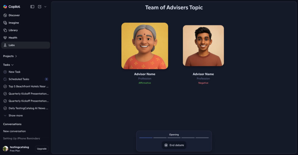 Microsoft lança Copilot Advisors: IA que cria debates automáticos 5 Painel do Copilot Advisors com agentes de IA discutindo em áudio sobre tema proposto.