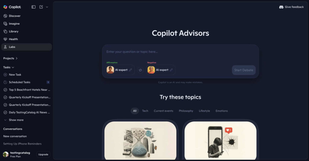 Microsoft lança Copilot Advisors: IA que cria debates automáticos 4 Configuração de agentes no Copilot Advisors mostrando perfis de especialista jurídico e econômico.