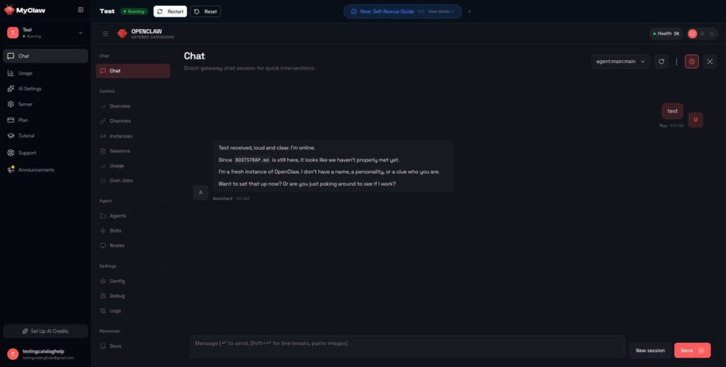 MyClaw lança OpenClaw: agente de IA gerenciado e sempre ativo na nuvem 2 Interface do painel MyClaw mostrando o agente OpenClaw em execução contínua