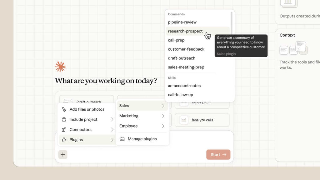 Interface do Claude Cowork com novos plugins disponíveis, conectores e comandos personalizados.